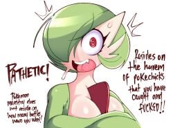 1girls anthro breasts chest_spike dialogue english_text female female_pokemon gardevoir green_hair hair_over_one_eye hi_res large_breasts looking_at_viewer nintendo open_mouth pokémon_(species) pokemon pokemon_(species) red_eyes saltyxodium short_hair text white_body white_skin yelling