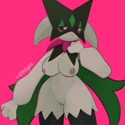 2022 :3 animal_humanoid anthro bedroom_eyes big_breasts blush breasts cape clothing digital_drawing_(artwork) digital_media_(artwork) english_text felid feline felis female fur gdblight generation_9_pokemon genitals hair half-closed_eyes humanoid leaked_pokemon looking_at_viewer mammal mammal_humanoid meowscarada narrowed_eyes nintendo nipples nude pokemon pokemon_(species) pokemon_sv seductive signature simple_background smile solo text thick_thighs video_games wide_hips