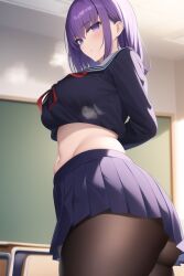 1girls ai_generated ass breasts classroom fate/stay_night fate_(series) female hips huge_breasts indoors large_ass large_breasts long_hair matou_sakura nai_diffusion purple_eyes purple_hair school_uniform schoolgirl slim_waist stable_diffusion thick_thighs thighs tights wide_hips