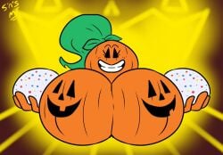 alex_(sweetspicymann) anthro big_breasts bowling_ball female female_only freckles green_hair halloween jack-o'-lantern jawbreakers large_breasts original original_character pumpkin pumpkin_boobs pumpkin_head smile smiling smiling_at_viewer sweetspicymann