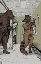 absurd_res animal_genitalia anthro blush body_hair brown_body brown_fur coati duo embarrassed eye_contact fur genitals hi_res hybrid looking_at_another male male_only mammal momamo nude procyonid public public_shower raccoon sheath shower surprise surprised_expression towel ursid