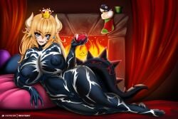 absurd_res alcohol animal_humanoid beverage big_breasts blonde_hair blue_eyes bowsette breasts breasts_bigger_than_head clothing crossover crown female genitals hair hi_res horn horned_humanoid humanoid humanoid_pointy_ears koopa_humanoid living_clothing looking_at_viewer lying mario_(series) marvel new_super_mario_bros._u_deluxe nintendo nipples on_side pussy rikatsuky scalie scalie_humanoid she-venom smile solo spider-man_(series) super_crown symbiote tight_clothing venom_(marvel) video_games voluptuous voluptuous_female