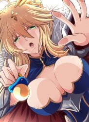 :o artoria_pendragon artoria_pendragon_(lancer) breast breasts busty fate/grand_order fate_(series) fujitaka_nasu green_eyes large_breast looking_at_viewer looking_down looking_pleasured pov seductive seductive_eyes seductive_gaze seductive_look seductive_mouth takanasu05 voluptuous