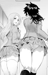 2girls arisawa_tatsuki ass back black_hair bleach breasts daraz18aka female friends from_behind hallway highres indoors inoue_orihime large_breasts long_hair long_sleeves looking_back medium_hair monochrome multiple_girls open_mouth panties pleated_skirt running school school_uniform shirt skirt socks tatsuki_arisawa thighhighs thighs underwear