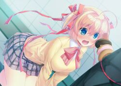 1boy absurdres ahoge black_socks blonde_hair blue_eyes blush bow cardigan censored commission doughnut female food food_on_body food_on_penis hair_ornament hair_ribbon highres kamikita_komari kneeling little_busters! mosaic_censoring natsuoto_rito open_mouth penis penis_awe plaid plaid_skirt red_bow ribbon school_uniform short_hair short_twintails skeb_commission skirt socks star_(symbol) star_hair_ornament twintails