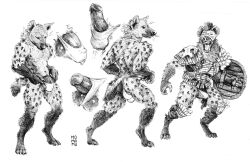 anthro armor ass balls bodily_fluids bone bone_armor bulge claws clothing erection fluffy genital_fluids genitals gnoll headgear helmet hi_res humanoid_genitalia humanoid_penis hyaenid looking_down male mammal momamo monochrome multiple_scenes open_mouth panties penis precum shaggy_fur shield small_clothing solo spotted_hyena tight_clothing tight_panties tight_underwear underwear whiskers worried