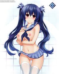 blue_hair blue_neckerchief blush breast_hold breasts choujigen_game_neptune cleavage disgust female gabriel_evangel groin highres large_breasts long_hair looking_at_viewer mixed-language_commentary navel neckerchief neptunia_(series) nipples no_panties noire paid_reward_available pussy red_eyes simple_background skirt solo thighhighs topless twintails uncensored very_long_hair web_address white_background white_thighhighs zettai_ryouiki