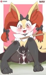 2022 3_toes 4_fingers absurd_res after_sex after_vaginal anthro anus artist_name ass black_body black_collar black_fur black_ribbon blush blush_lines bodily_fluids border braixen cheek_tuft claws collar cum cum_from_pussy cum_in_pussy cum_inside cum_on_ground cum_on_leg cum_string digital_media_(artwork) facial_tuft fangs feet female fingers front_view fur generation_6_pokemon genital_fluids genitals hi_res holding_object holding_stick inner_ear_fluff leaking_cum looking_at_viewer multicolored_body multicolored_fur neck_tuft nintendo nude open_mouth open_smile patreon patreon_logo pink_anus pink_background pokémon_(species) pokemon pokemon_(species) pussy red_body red_eyes red_fur red_inner_ear_fluff red_nose ribbons sarox simple_background sitting smile solo stick sweat sweaty_butt tears toe_claws toes tongue tuft video_games white_body white_border white_fur yellow_body yellow_fur