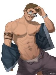 1boy bara blue_eyes brown_hair gay kheng male male_only pants_open pubic_hair_peek shirt_open six_pack tattoo