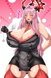 1girls artist_request artist_signature big_breasts blue_archive coin_on_string female female_only garter_belt gehenna_academy_student gloves halo horns laughing mole_on_breast pink_hair satsuki_(blue_archive) thick_thighs tie_between_breasts uniform voluptuous_female