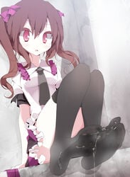 black_legwear black_thighhighs brown_hair cum cum_on_body cum_on_clothes cum_on_feet cum_on_lower_body feet hatate_himekaidou looking_at_viewer necktie red_eyes short_hair solo stockings thighhighs tied_hair touhou twintails usotsukiya