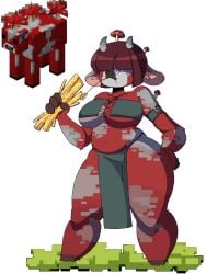 1girls 2d alternate_version_at_source anthro armband belly_button bra breasts candiedluna cleavage clothed color covered_eyes cow_girl cow_horns digital_media_(artwork) eating female female_only furry grey_fur hay hooves inner_sideboob large_breasts loincloth lunal3wd midriff minecraft mojang mooshroom mushroom mushroom_girl navel no_watermark original red_fur reference_image shaded short_hair simple_background slightly_chubby thick_legs thick_thighs thighs tummy two-tone_fur