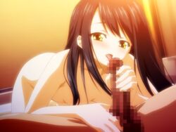 black_hair bokura_wa_piacere censored dark-skinned_male dark_penis dark_skin fellatio game_cg handjob interracial long_hair male moo_do_dan nude oral penis takano_kotoko tongue yellow_eyes