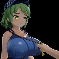 1boy 1girls 3d animated big_breasts black_background bouncing_breasts breasts cap chest_harness closed_mouth closing_eyes expressionless female flat_cap green_eyes green_hair gritting_teeth hat kappa key light_blush looking_down male musi_cassie no_pupils one-piece_swimsuit pulling pulling_chest_harness pulling_clothing pulling_key reaching_for_object reaching_out reaching_towards_another reaction short_hair simple_background sound sound_edit sound_effects source susu_rid swimsuit tagme takane_yamashiro touhou unseen_male video yamashiro_takane yamawaro