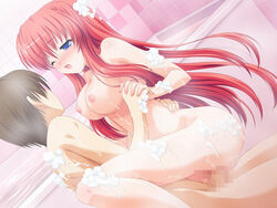 blue_eyes blush breasts bubble bubbles censored dokodemo_sukishite_itsudemo_sukishite game_cg hand_holding hinamatsuri_touko houjou_chiaki large_breasts long_hair nipples nude open_mouth penis pussy red_hair sex soap wet wink