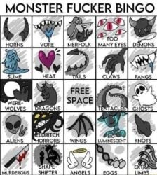 alien angel bingo_card bioluminescence claws demon dragon egg_laying eldritch_horror extra_limbs fangs ghost heat horns knot merfolk monster shapeshifter slime tail tentacle vore werewolf white_background wings