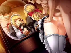 anus ass bent_over big_breasts blush breasts censored female from_behind large_breasts maid maid_headdress male mirror nipples penis phone pussy reflection thighhighs torn_clothes