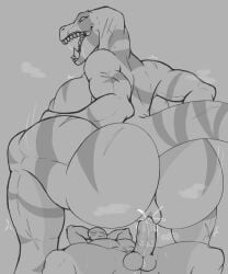 1boy 1girls amadchief anthro big_ass big_breasts dat_ass dinosaur fang_(primal) huge_ass huge_breasts human_on_anthro nude nude_female primal_(series)