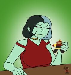 12_days_of_christmas 12_days_of_xxx-mas 1girls 5_fingers ass_goblin aubrey_(blindpeacockdraws) big_breasts black_eyes blind_peacock_(blindpeacockdraws) blind_peacock_draws blind_peacock_draws_(artist) blue_hair breasts christmas christmas_2025 clothed cookie eating eating_food female food gingerbread_cookie gingerbread_man goblin goblin_female green_hair holidays light_blue_skin munching original original_art original_artwork original_character pointy_ears pointy_nose sfw short_hair shortstack watermark