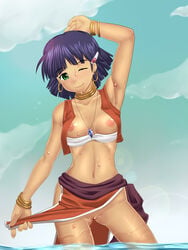 1girls 2011 bandeau bob_cut bracelet breasts censored cloud curvaceous dark-skinned_female dark_skin earrings female fushigi_no_umi_no_nadia gainax green_eyes hair_ornament hairclip human jewelry kurone large_breasts loincloth midriff nadia_la_arwall neck_ring necklace nipples no_panties ocean princess purple_hair pussy shirt_pull short_hair smile sweat tan vest wading wink