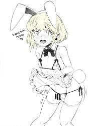 1boy apron apron_lift artist_request bikini blonde_hair blush bunny_ears bunny_tail crossdressing embarrassed english_text erection female femboy femboy_only heart-shaped_pupils lifted_by_self lifting_own_clothes lio_fotia maid male male_only monochrome nipples partially_colored petite presenting presenting_penis promare see-through_bra skirt_lift slim slim_male slim_waist solo source_request stockings submissive submissive_male sweat text thighhighs twink welcoming