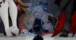 3d 3d_(artwork) 3d_model 3d_render 3girls arlecchino_(genshin_impact) escoffier_(genshin_impact) feet female foot_worship furina_(genshin_impact) genshin_impact giantess hengldengl kinky larger_female macro micro nylon_stockings nylons shrunken_female speech talking text