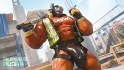 16:9 2025 2_horns abs anthro barazoku beard black_clothing black_gloves black_hair black_handwear black_thong black_underwear bodysuit bovid bovine broken_horn bulge cattle cigar city cityscape clothed clothing construction_equipment construction_site crotch_harness day dirty dirty_clothing english_text eyewear facial_hair facial_piercing fur girder gloves goggles green_clothing green_topwear green_vest grey_body grey_fur hair hammer handwear hi_res holding_cigar holding_hammer holding_object holding_tool horn looking_at_viewer looking_down looking_down_at_viewer low-angle_view male mammal morton_(takahirosi) muscular muscular_anthro muscular_male nipple_outline nose_piercing nose_ring open_clothing open_mouth open_topwear open_vest orange_bodysuit orange_clothing orange_skinsuit outside pecs piercing plant ring_piercing safety_goggles septum_piercing septum_ring skinsuit sledgehammer smile solo stain stained_clothing takahirosi text text_on_bodysuit thong tight_clothing tools topwear tree twitter_handle underwear vest widescreen yellow_clothing yellow_gloves yellow_handwear