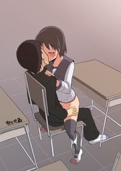 beige_skin blush bottomless brown_hair chair classroom clothed_sex copyright_request desk female gradient_background indoors kissing legwear panties panties_around_leg ryou school school_uniform schoolboy schoolgirl sex shoes short_hair simple_background stockings straddle straight tan_skin thighhighs translation_request underwear