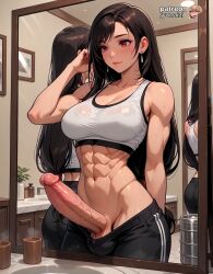 1futa abs ai_generated bathroom blush breasts brown_hair cleavage clone close-up counter dickgirl full_mirror futa_only futanari indoors intersex large_breasts large_penis light-skinned_futa lockhart long_hair mirror muscular navel newhalf penis penis_grab pulled_down red_eyes see-through selfie sink smile solo sports_bra sweatpants sweaty sweaty_skin tifa_lockhart upper_body wet_clothes white_tank_top yunaiai