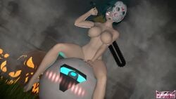3d blush chainsaw female friday_the_13th green_eyes green_hair halloween_costume halloween_theme moles motorslice naked_female nekomathas orbie_(motorslice) p_(motorslice) pumpkin render source_filmmaker tomboy white_skin