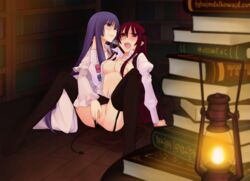 background bat_wings black_legwear black_panties black_thighhighs blush book breast_grab breasts censored color demon_tail female fingering head_wings koakuma lantern library long_hair midriff multiple_girls navel neo_yakiri open_mouth panties patchouli_knowledge pointy_ears purple_eyes purple_hair pussy red_eyes red_hair smile succubus tail the_embodiment_of_scarlet_devil thighhighs touhou underwear voile wings yuri