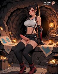 abs ai_generated black_hair blush cave chest cleavage coin dickgirl elbow_gloves female futanari gold intersex lantern large_breasts large_penis lockhart long_hair looking_at_viewer newhalf open_mouth penis_focus ponytail red_eyes sitting skirt smile solo spread_legs suspenders thighhighs tifa_lockhart treasure upper_body yunaiai