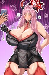 1girls artist_request artist_signature big_breasts blue_archive coin_on_string garter_belt gehenna_academy_student gloves halo horns hypnosis hypnotic_eyes mole_on_breast phone pink_hair satsuki_(blue_archive) thick_thighs tie_between_breasts voluptuous_female