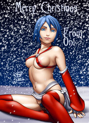 aqua_(kingdom_hearts) areola_slip athletic_female blue_eyes blue_hair christmas disney female kingdom_hearts kingdom_hearts_birth_by_sleep nipple_slip no_panties oni_(artist) pubic_hair pussy sitting square_enix thighhighs tomboy