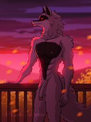 2025 abs anthro balcony balls belly biceps black_belly canid canine canis capt-tangerine casual_nudity cloud death_(puss_in_boots) digital_media_(artwork) dreamworks erection facial_markings flower fur genitals grey_body grey_fur head_markings hi_res hill humanoid_genitalia humanoid_penis male mammal markings muscular muscular_anthro muscular_male nipples nude outdoor_nudity outside pecs penis petals plant puss_in_boots_(franchise) red_eyes sky smile solo sunset tail wolf