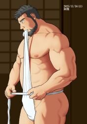 1boy 2025 abs absurd_res artist_name ass balls_under_clothes bara beard beefy biceps big_areola big_ass biting_clothes black_hair breasts brown_eyes chest_hair chubby collarbone dad_bod dadbod daddy dark_room dated dilf erect_nipples fingernails frown fundoshi fundoshi_only gay genital_outline half-closed_eyes hi_res japanese_clothes japanese_house leg_hair looking_down male male_only manly mature_male miyabi13783794 muscles muscular muscular_arms muscular_ass muscular_legs muscular_male muscular_neck muscular_thighs original original_character pecs plump_ass practically_nude pubic_hair pubic_hair_peek rokushaku_fundoshi round_ass shadow short_hair side_view sideburns solo standing thick thick_arms thick_ass thick_eyebrows thick_legs thick_neck thick_thighs topless tying tying_fundoshi very_high_resolution white_fundoshi yaoi