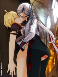 1boy 1girls 3d aacharsensei absurd_res aether_(genshin_impact) arlecchino_(genshin_impact) blonde_hair clothed_sex female femdom genshin_impact hoyoverse kissing light_skin male mihoyo pants partially_clothed penis_between_thighs saliva_trail silver_hair straight thigh_sex thigh_sex_over_clothes
