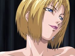00s 1girls 2001 animated anime_screenshot bare_shoulders bible_black bible_black_night_of_the_walpulgiss blonde_hair blue_eyes collarbone cross cross_earrings earrings female grin jewelry kitami_reika lipstick makeup nurse school_nurse short_hair smile tagme witch