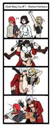 ... 1boy 3girls 4koma ass bakaiju black_hair blonde_hair blue_eyes breasts cleavage clitoris comic cum_inside dante_(devil_may_cry) dark-skinned_female dark_skin devil_may_cry devil_may_cry_(series) english_text from_behind from_behind_position full_nelson_(legs_held) green_eyes grey_eyes happy_sex harem heterochromia hi_res lady_(devil_may_cry) large_breasts leg_up lucia_(devil_may_cry) navel no_panties onomatopoeia open_mouth penis pussy red_eyes red_hair simple_background smile standing standing_on_one_leg standing_sex straight trish_(devil_may_cry) vaginal_penetration vaginal_sex white_background