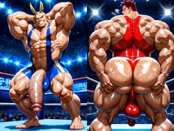 ai ai_art ai_assisted ai_generated all_might armpits duo endeavor_(my_hero_academia) enji_todoroki gay male_only massive_ass massive_penis muscular my_hero_academia oiled pecs singlet spread_ass sweating toshinori_yagi wrestling_ring