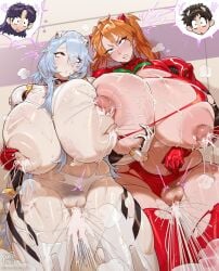 1boy 3girls abs asuka_langley_sohryu bite_marks blue_eyes blue_hair blue_pubic_hair blushing blushing_lines bodysuit breast_press breasts_bigger_than_head creampie creampied cum_in_hair cum_on_breasts cum_on_face cum_string eyes_rolling_back female fingering_nipple fit_female functionally_nude gigantic_breasts gushing_cum hand_on_another's_chest hand_print huge_breasts inverted_nipples inverted_nipples_popping_out large_breasts large_nipples lilminindahouse long_hair misato_katsuragi muscular_female mutual_orgasm mutual_yuri neon_genesis_evangelion orgasm plugsuit post-orgasm red_eyes red_hair red_pubic_hair rei_ayanami shinji_ikari spraying_milk steamy steamy_breath sweat thick_thighs toned_female torn_bodysuit torn_clothes torn_clothing venus_body