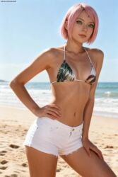 1girls 3d ai_generated beach bikini female female_focus female_only naruto naruto_(series) naruto_shippuden pink_hair realistic sakura_haruno sexyexxchi short_hair shorts solo thighs woman