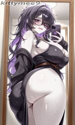 1girl ai_assisted ai_generated ass_focus big_breasts big_thighs black-framed_eyewear black_cardigan black_dress black_hair brown_belt cleavage colored_inner_hair dynamic_angle foreshortening glasses goddess_of_victory:_nikke hair_over_one_eye holding_phone label_(nikke) lbl long_hair messy_hair mirror mirror_selfie mole_on_breast off_shoulder pale_skin purple_eyes purple_hair sleeves_past_wrists spaghetti_strap sweat tired wavy_mouth