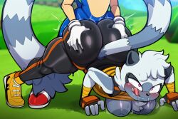 1boy 1girls ai_generated anthro anthro_on_anthro ass blush bodysuit bubble_butt fat_ass grabbing_another's_ass grabbing_ass green_eyes hedgehog huge_ass idw_publishing imminent_sex lemur long_tail looking_back looking_down madroshi mobian_(species) purple_eyes skintight_bodysuit sonic_(series) sonic_the_hedgehog sonic_the_hedgehog_(series) tangle_the_lemur bent_over