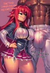 1boy 1girls abs ai_generated asking bare_arms bare_shoulders bare_thighs big_breasts blue_eyes blush bulge color dark-skinned_male dark_skin english_text female gigiti hi_res high_school_dxd interracial large_breasts light-skinned_female light_skin long_hair male male/female muscles muscular muscular_male netorare ntr red_hair rias_gremory standing straight text thick_thighs