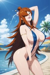 1girls ai_generated ass auburn_hair bare_shoulders blue_nails blue_one-piece_swimsuit blue_swimsuit breasts casual_one-piece_swimsuit cleavage clothing covered_navel female female_only flower green_eyes hair_over_one_eye high_resolution huge_breasts large_ass large_breasts leaning_forward lips long_hair looking_at_viewer mei_terumi mizukage nail_polish naruto naruto_(series) naruto_shippuden navel nipple_slip nipples one-piece_swimsuit one_arm_up pinup pool poolside red_hair seductive_smile seductive_woman smile solo swimsuit teasing terumi_mei topknot very_long_hair voluptuous water wet wet_body