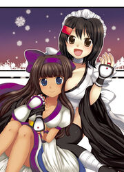 2girls alternate_color areola_slip black_hair blue_eyes blush breasts brown_eyes brown_hair choker cleavage dark_skin fingerless_gloves hair_ribbon hairclip hug_from_behind iroha large_breasts long_hair maid maid_headdress miyano_ururu multiple_girls nakoruru nipple nipples player_2 samurai_shodown short_hair sitting smile thighhighs