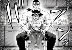 ai_generated apron black_and_white climax clothed_sex clothing drooling glasses hair_tied_up height_difference history's_strongest_disciple_kenichi kirino kitchen leaking_pussy_juice milf mother movement_lines open_shirt reverse_cowgirl_position saori_shirahama sitting sitting_on_lap squatting