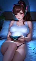 1girls 3:5 ai_generated artist_request big_ass big_breasts black_panties black_thong blizzard_entertainment brown_eyes brown_hair cleavage collarbone d.va dark_room facial_markings feet_out_of_frame female female_only game_controller headgear hi_res highres indoors joystick large_breasts night nipple_bulge nipples on_bed overwatch overwatch_2 panties pillow playing_videogame ponytail solo source_request tank_top thong white_tank_top