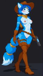2025 accessory ai_generated anthro armwear belt blue_body blue_fur blue_hair blush boots breasts canid canine cheek_tuft chest_tuft circlet clothing cowboy_hat elbow_gloves facial_tuft female footwear fox fur furry genitals gloves green_eyes grey_background gun hair handwear hat headgear headwear hi_res holding_gun holding_object holding_weapon holster knife krystal krystal_(star_fox) legband legwear looking_forward low-angle_view mammal markings medium_breasts neckerchief nintendo nipple_piercing nipple_ring nipples nude piercing pussy ranged_weapon ring_piercing short_hair simple_background solo star_fox tail_accessory tailband thigh_highs thighband three-quarter_view tribal tribal_markings tuft walking weapon white_body white_fur